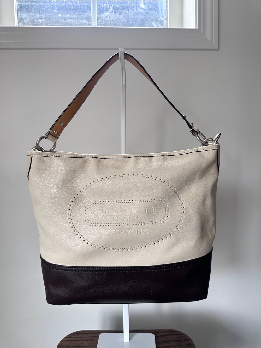 Coach Two-Tone Cream and Dark Brown Leather Shoulder Bag with Tan Strap